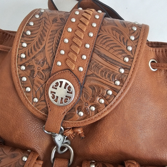 Rein & Bridle Tooled Vegan Leather Backpack Brown Western Boho Studded - Picture 9 of 13